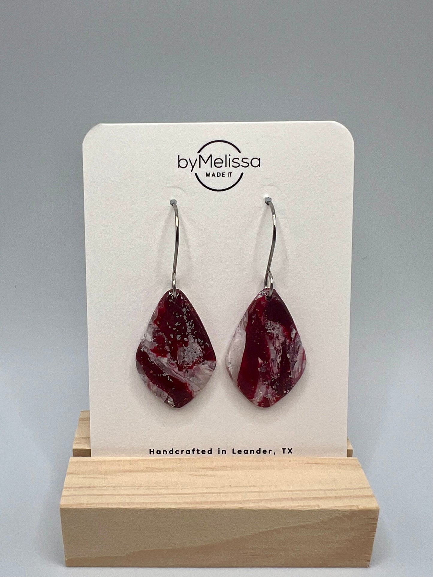 Maroon and White Small Kite Drop Earrings in Silver