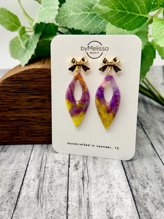 Purple and Gold Marquise Teardrop Center Cutout Drop with Gold Bows