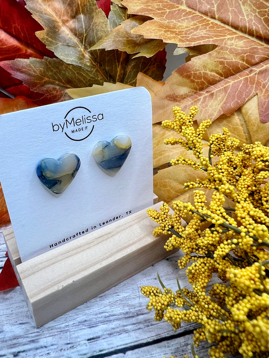 Navy and Mustard Heart Stud Earrings