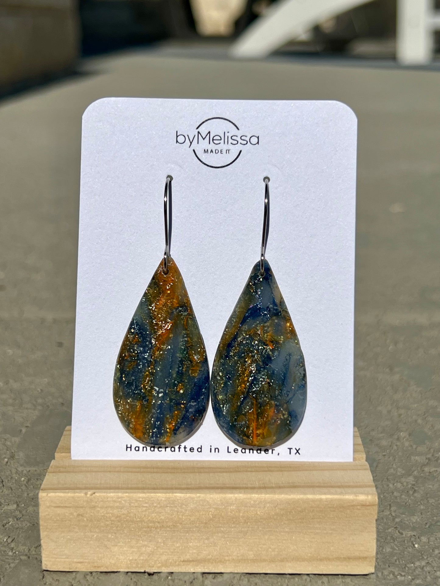 Navy and Orange Small Teardrop Drop Earrings in Silver