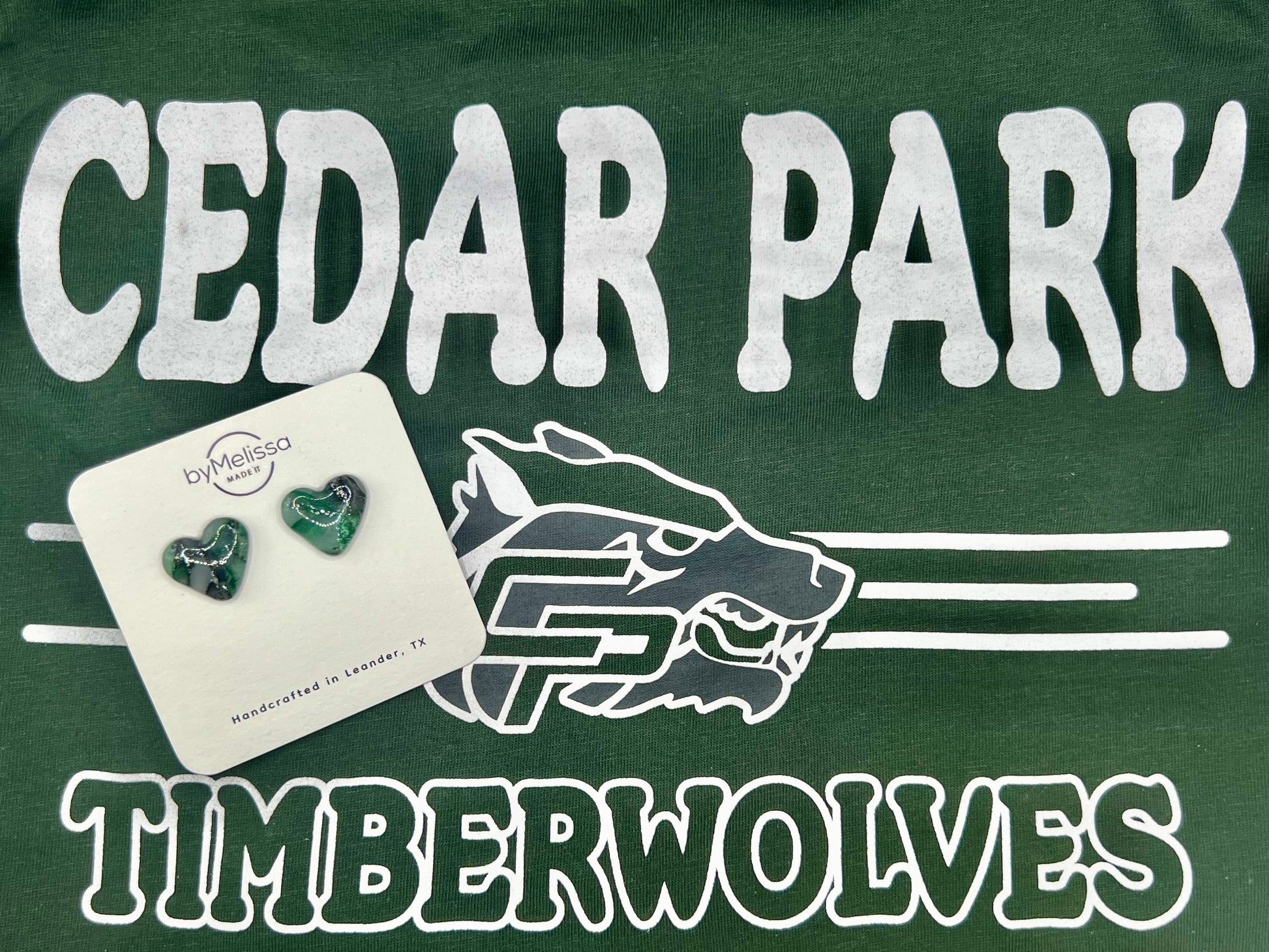 Cedar Park High School earrings, green and black CPHS spirit jewelry, Timberwolves game day accessory