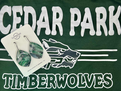 Cedar Park High School earrings, green and black CPHS spirit jewelry, Timberwolves game day accessory