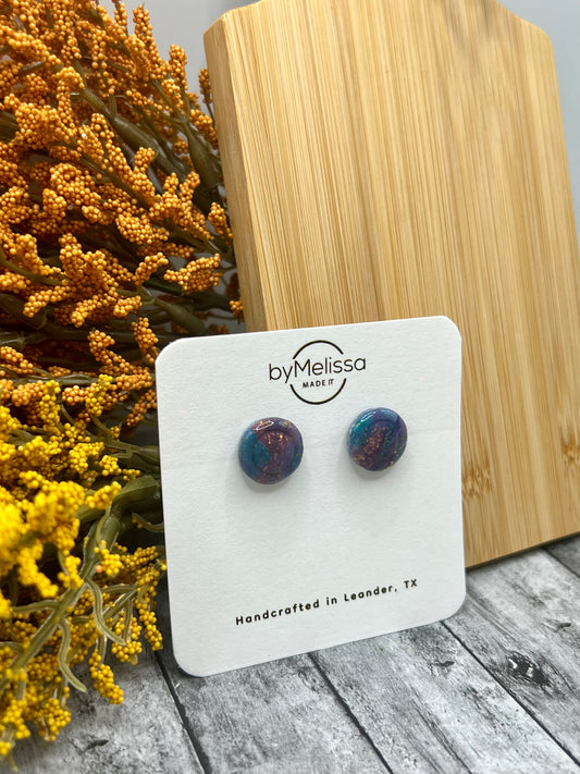 Teal and Plum Small Embedded Circle Stud Earrings