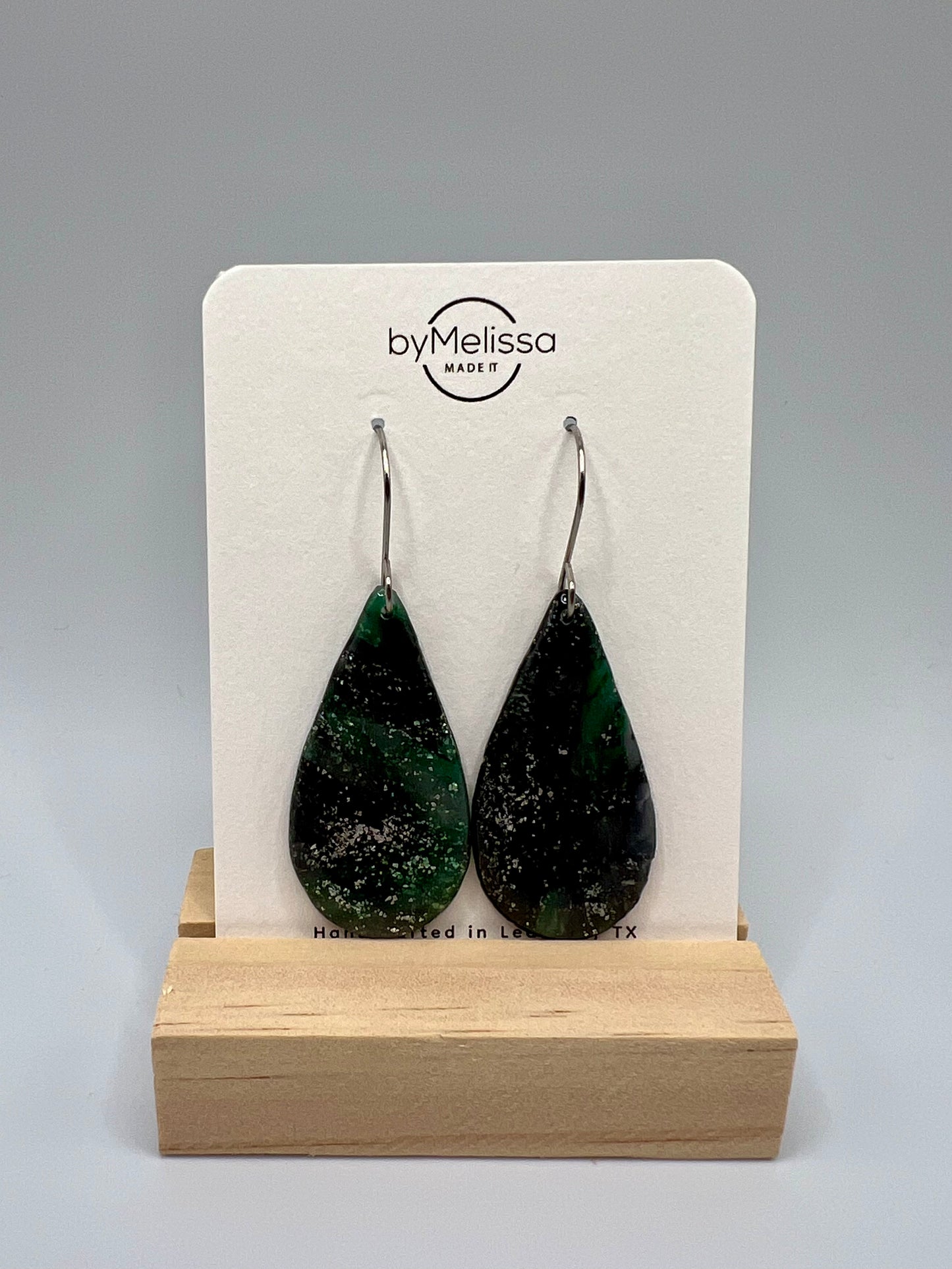 Forest Green and Black Small Teardrop Drop Earrings in Silver