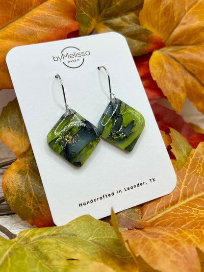 Citrus Green and Black Small Rounded Square Drop Earrings in Silver