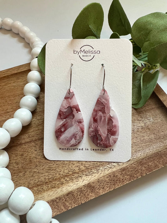 Maroon, Pink, and White Small Teardrop Drop Earrings in Silver
