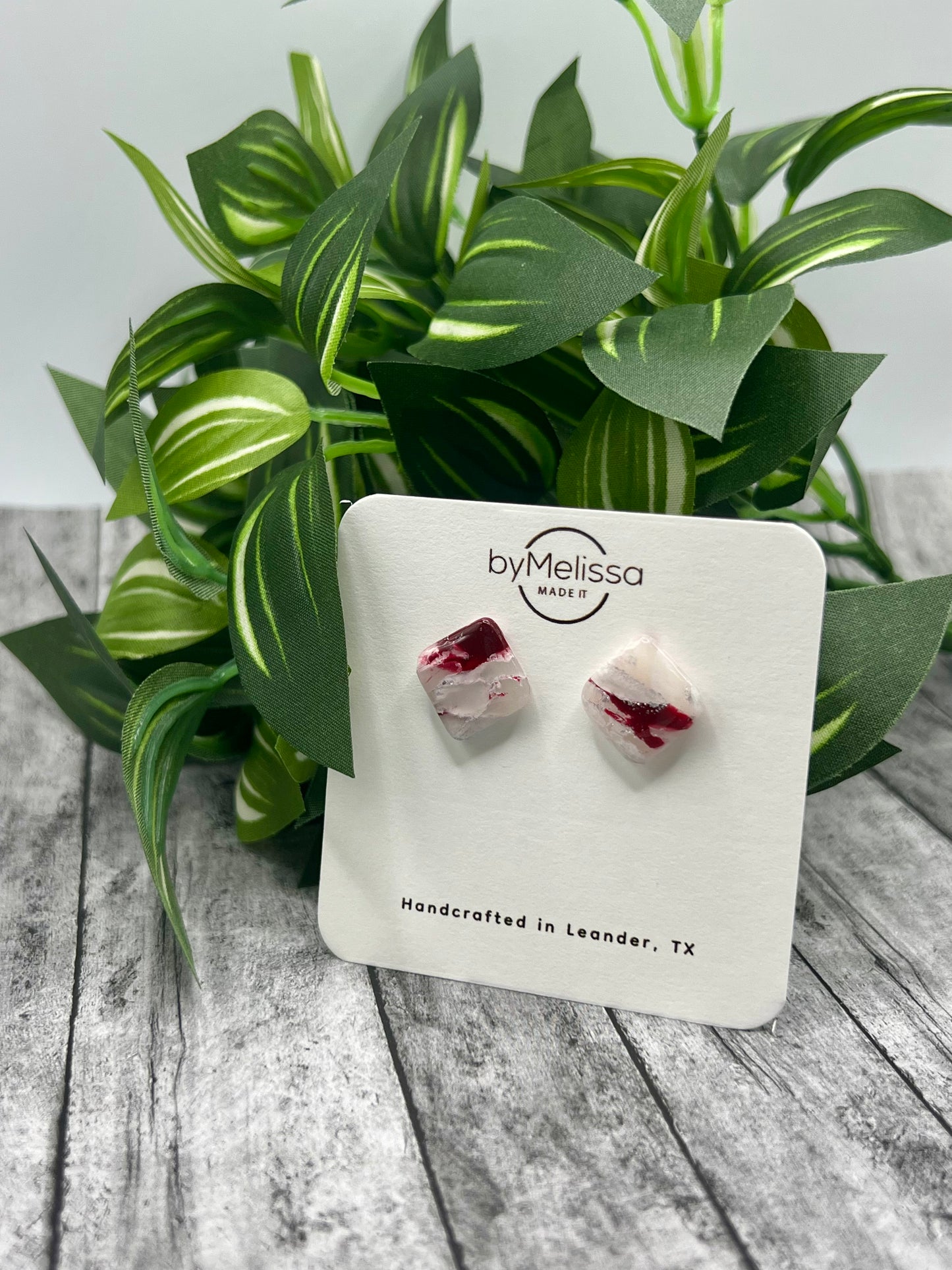 Maroon and White Rounded Square Stud Earrings
