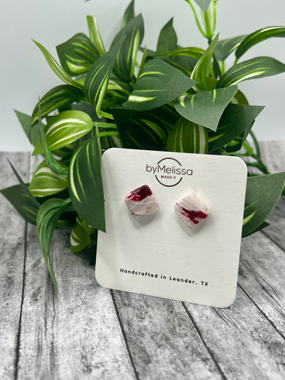 Maroon and White Rounded Square Stud Earrings