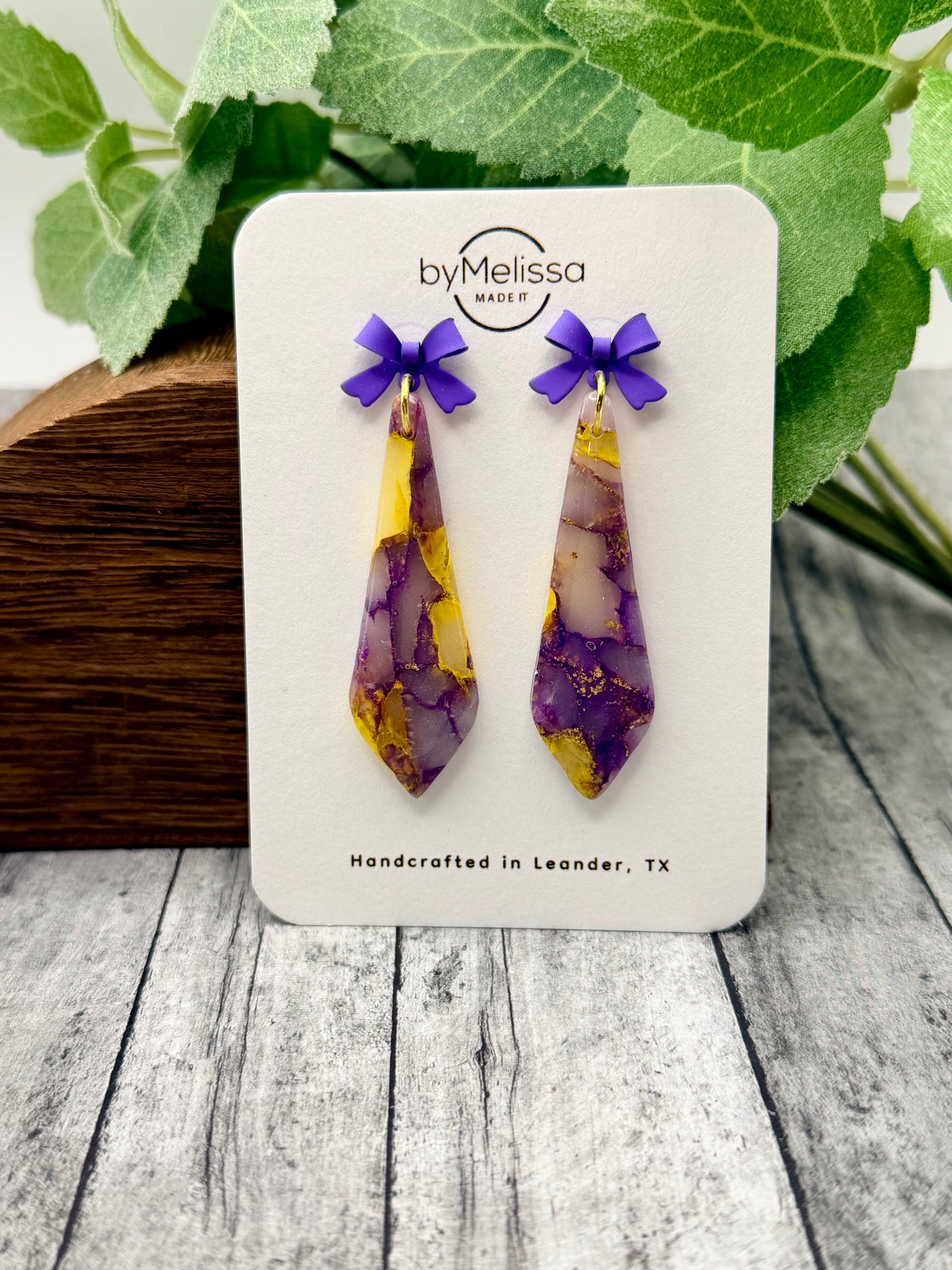 Purple and Gold Skinny Small Elongated Kite Drop Earrings with Purple Bows