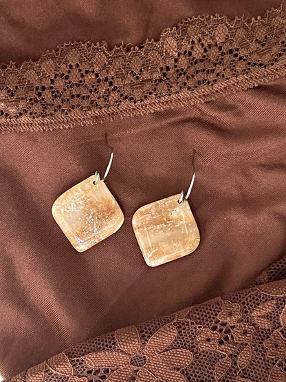 Mocha and Almond Rounded Square Drop Earrings in Silver