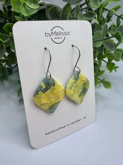 Yellow and Sage Small Rounded Square Drop Earrings in Silver