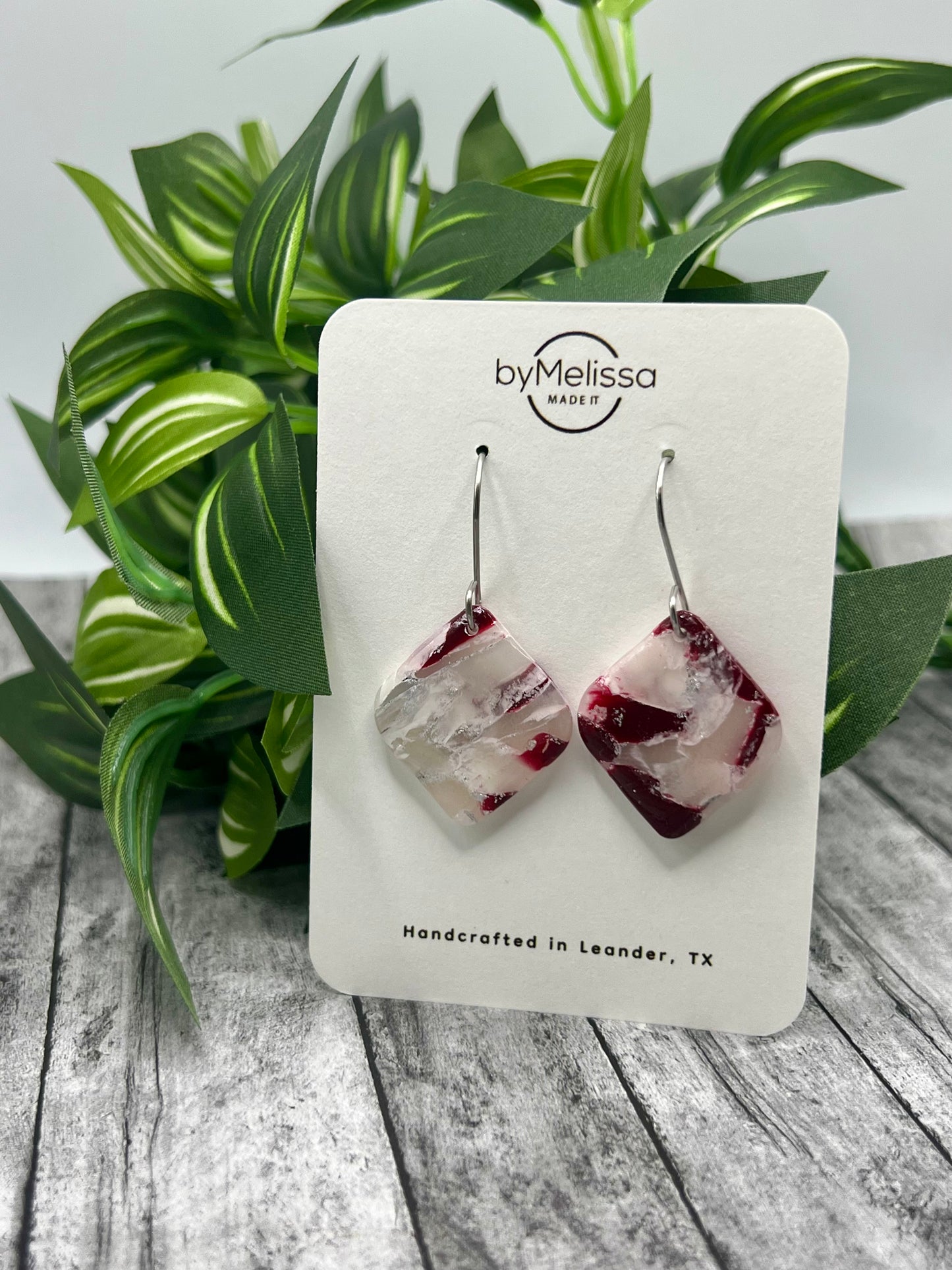 Maroon and White Small Rounded Square Drop Earrings in Silver