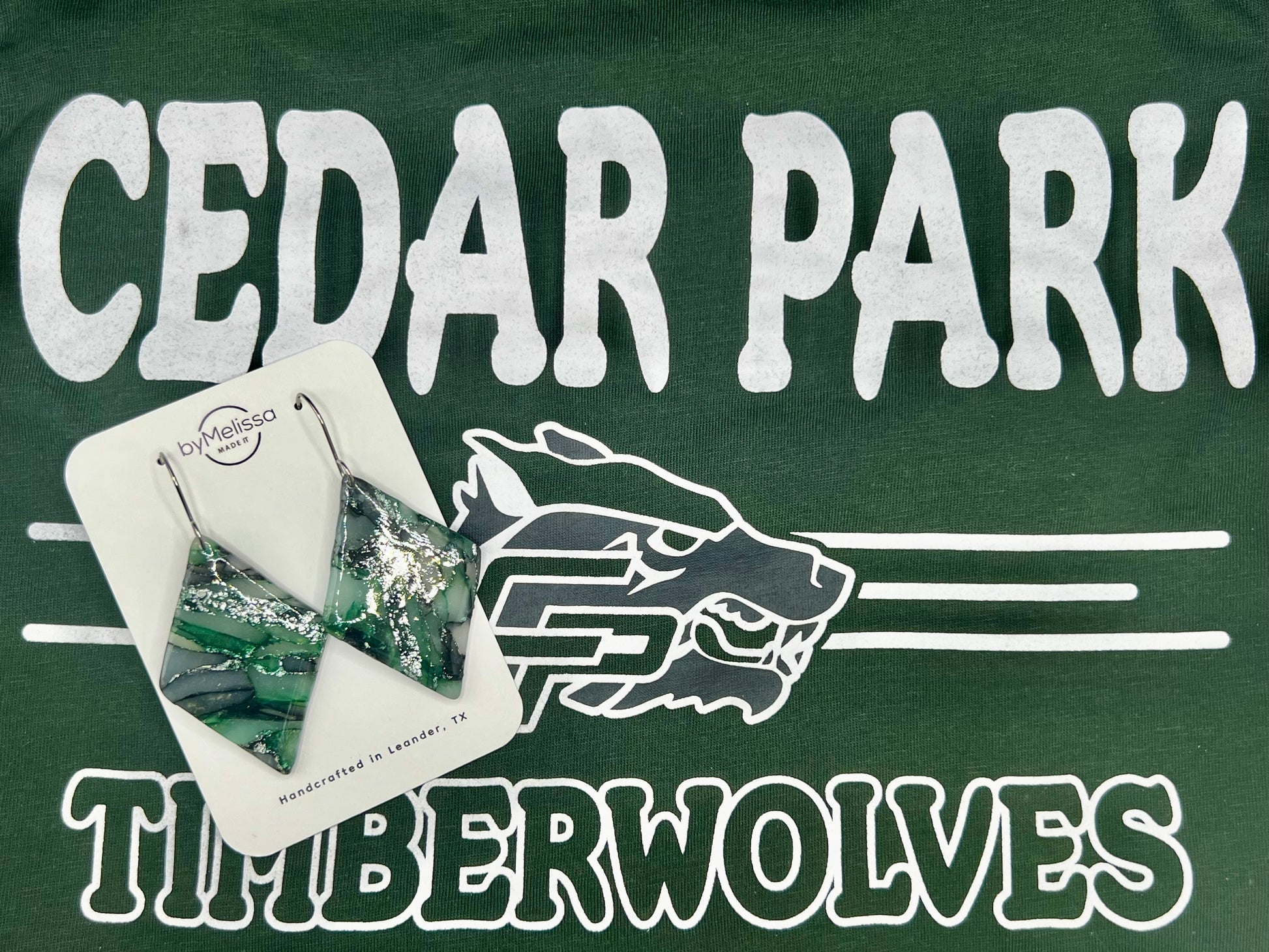 Cedar Park High School earrings, green and black CPHS spirit jewelry, Timberwolves game day accessory