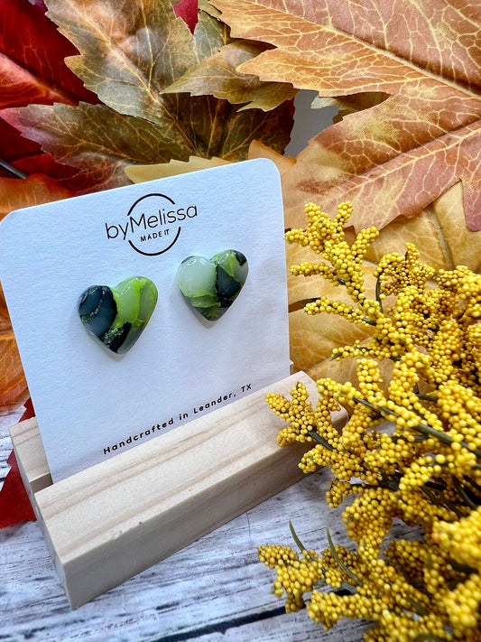 Citrus Green and Black Heart Stud Earrings