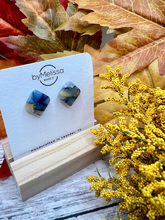 Navy and Mustard Rounded Square Stud Earrings