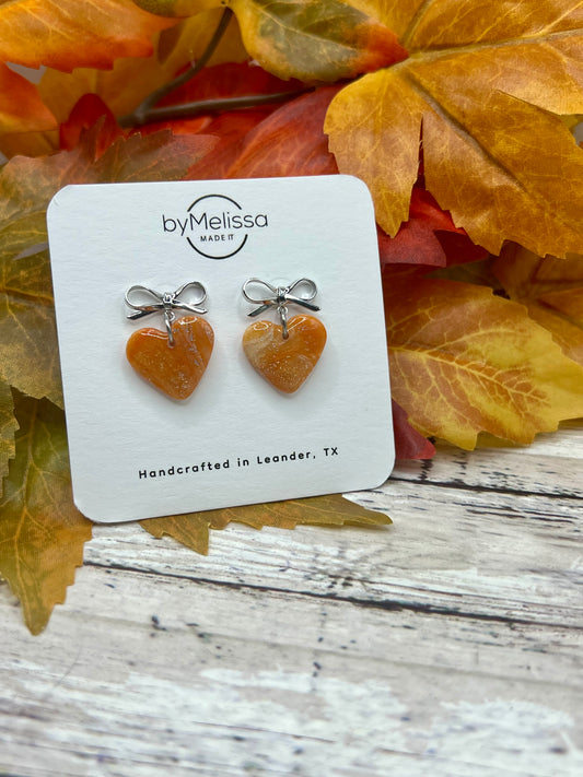Orange and White Bowknot Heart Earrings in Silver