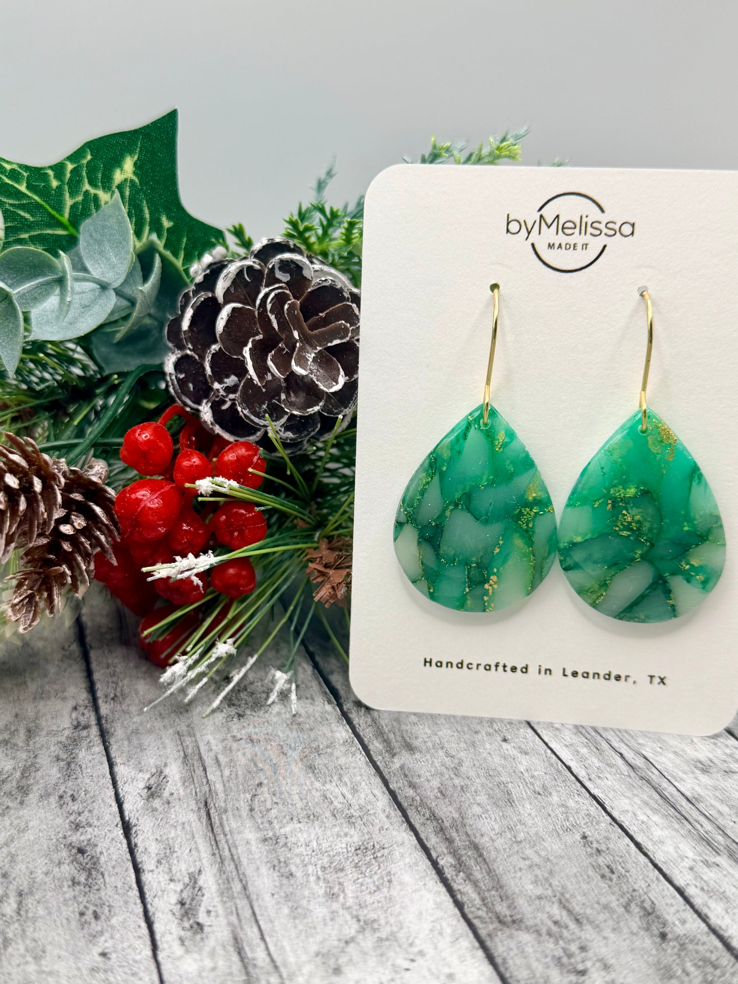 Green and Gold Small Wide Teardrop Drop Earrings
