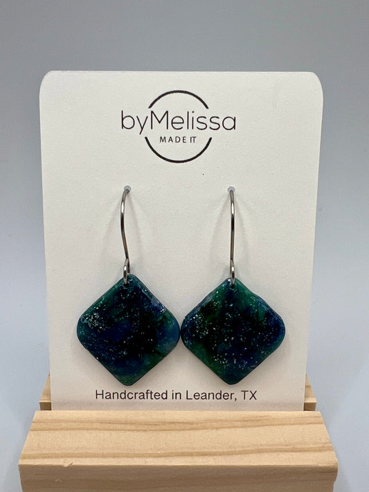 Forest Green and Blue Small Rounded Square Drop Earrings in Silver