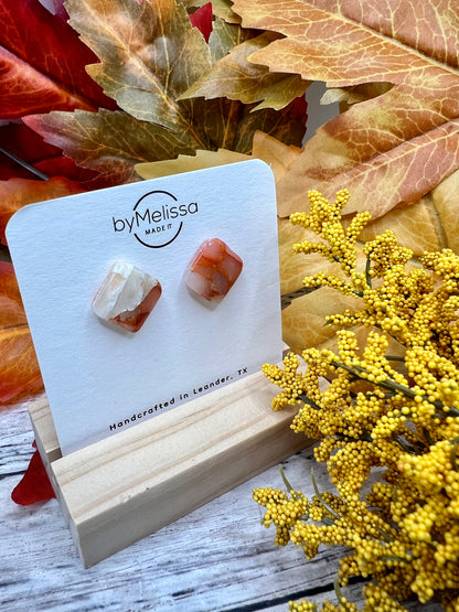 Orange and White Rounded Square Stud Earrings