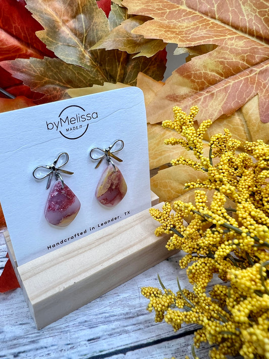 Maroon and Mustard Petite Kite Bowknot Earrings in Silver