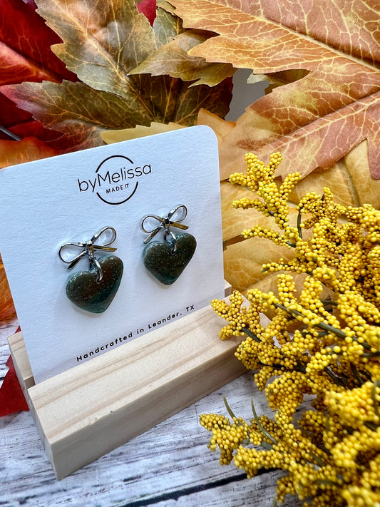 Mocha and Teal Heart Bowknot Earrings in Silver