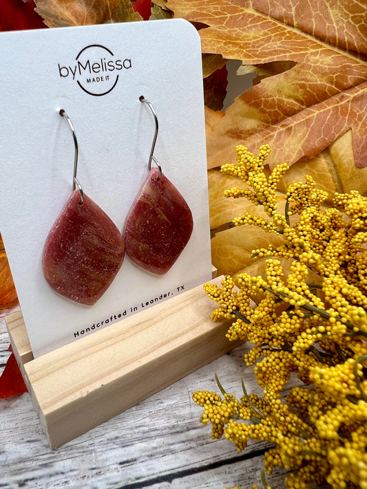 Maroon and Mustard Small Wide Leaf Drop Earrings in Silver