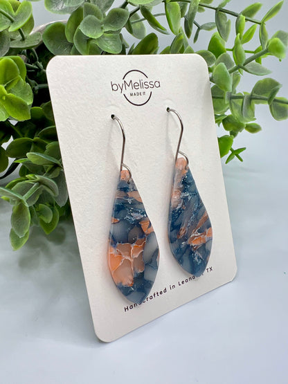 Navy and Peach Small Elongated Kite Drop Earrings in Silver
