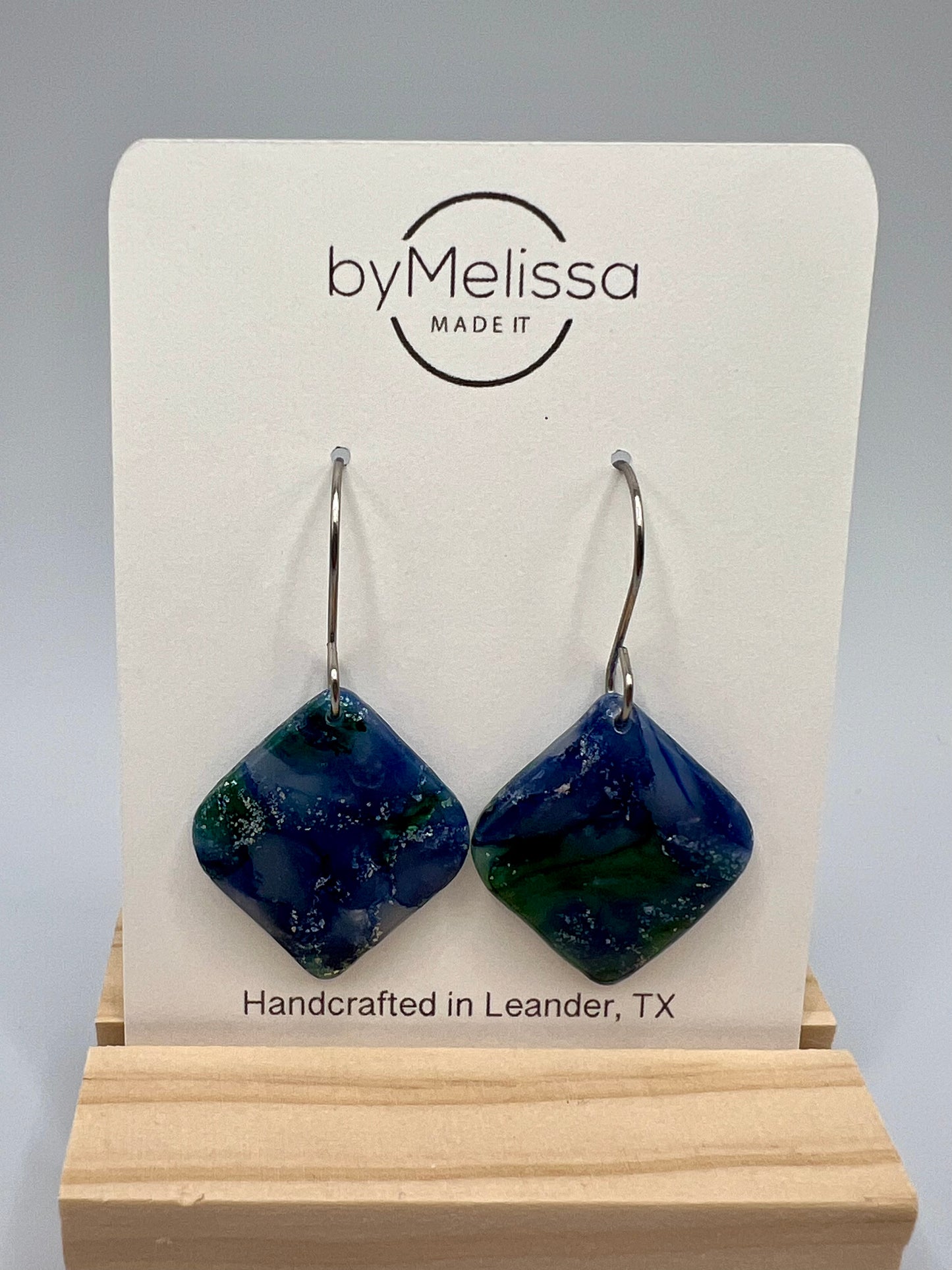 Forest Green and Blue Small Rounded Square Drop Earrings in Silver