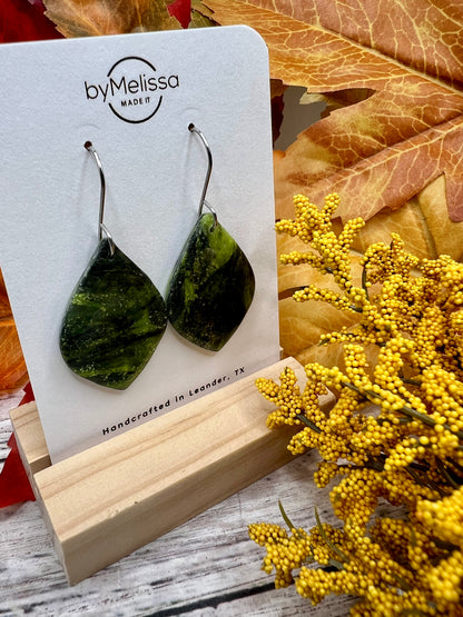 Citrus Green and Black Small Wide Leaf Drop Earrings in Silver