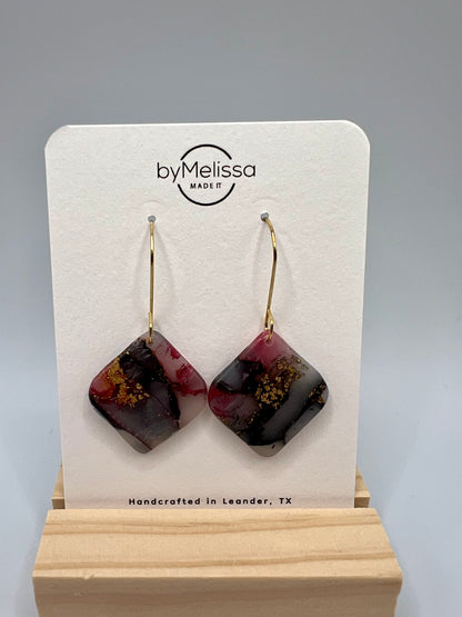 Maroon and Black Rounded Square Drop Earrings in Gold