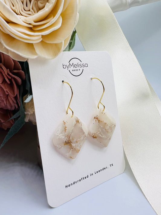 White and Gold Rounded Square Drop Earrings