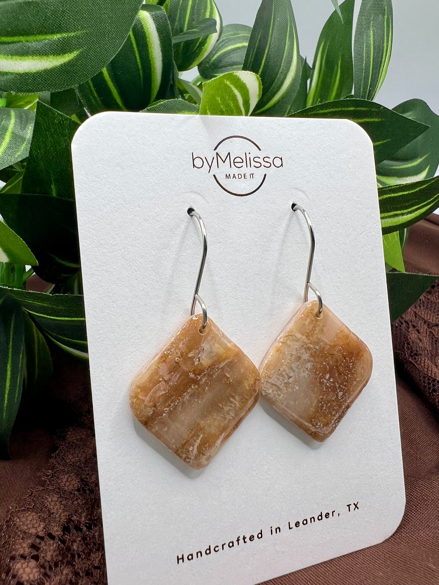 Mocha and Almond Rounded Square Drop Earrings in Silver