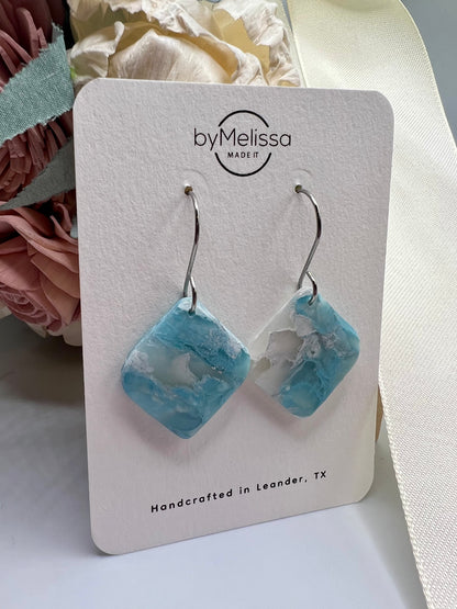 Crystal Blue and White Small Rounded Square Drop Earrings in Silver