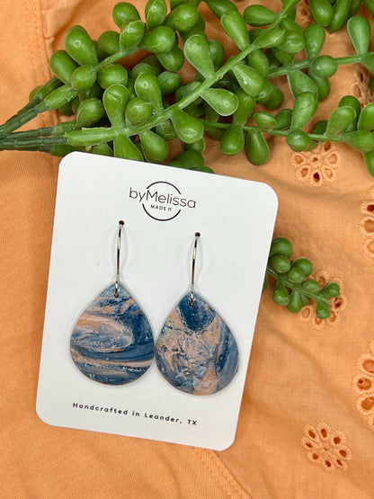 Navy and Peach Small Wide Teardrop Drop Earrings in Silver