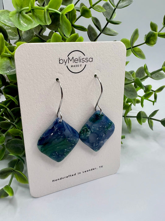 Forest Green and Blue Small Rounded Square Drop Earrings in Silver