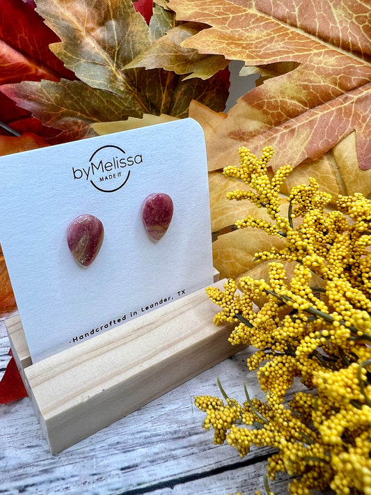 Maroon and Mustard Teardrop Stud Earrings