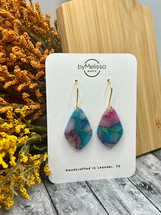 Teal and Plum Small Kite Drop Earrings in Gold