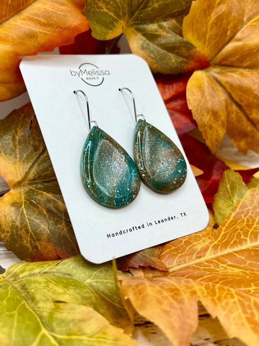 Mocha and Teal Small Wide Teardrop Drop Earrings in Silver