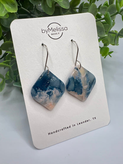 Navy and Light Pink Small Rounded Square Drop Earrings in Silver