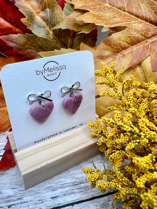 Plum and Pink Heart Bowknot Earrings in Silver