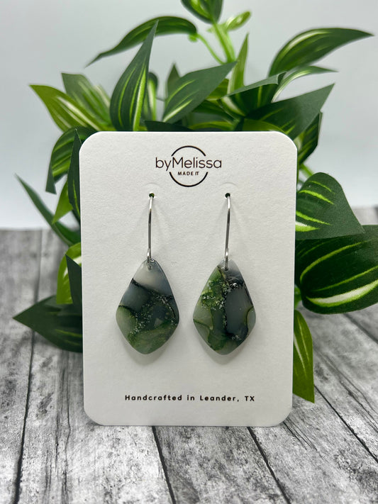 Army Green and Black Small Kite Drop Earrings in Silver