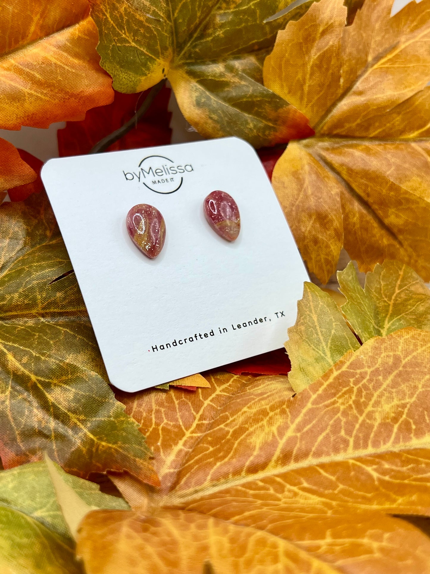 Maroon and Mustard Teardrop Stud Earrings