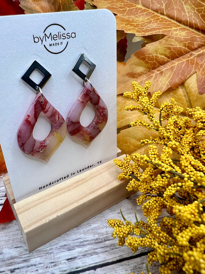 Maroon and Mustard Flame Drop with Open Silver Diamond Studs