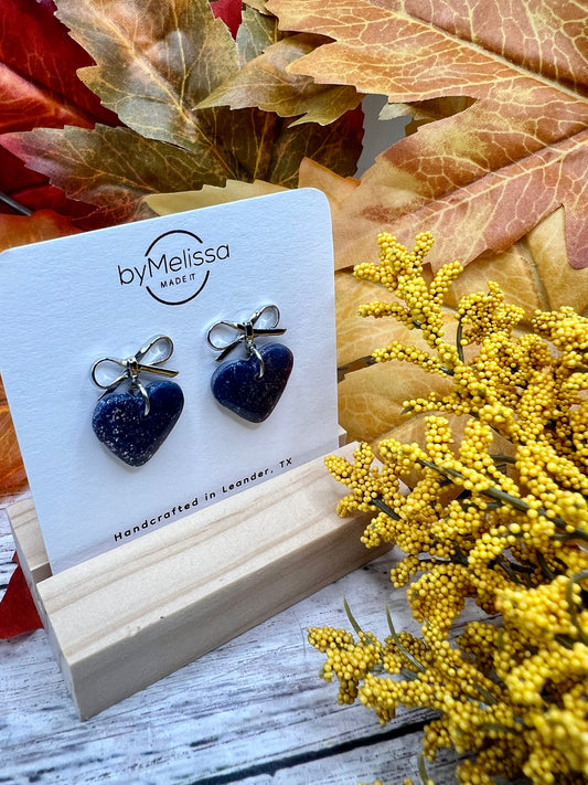 Navy and Maroon Heart Bowknot Earrings in Silver
