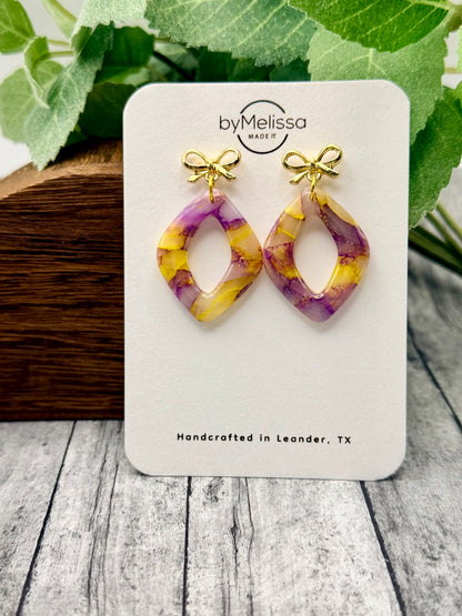 Purple and Gold Rounded Open Teardrop Drop with Gold Bows