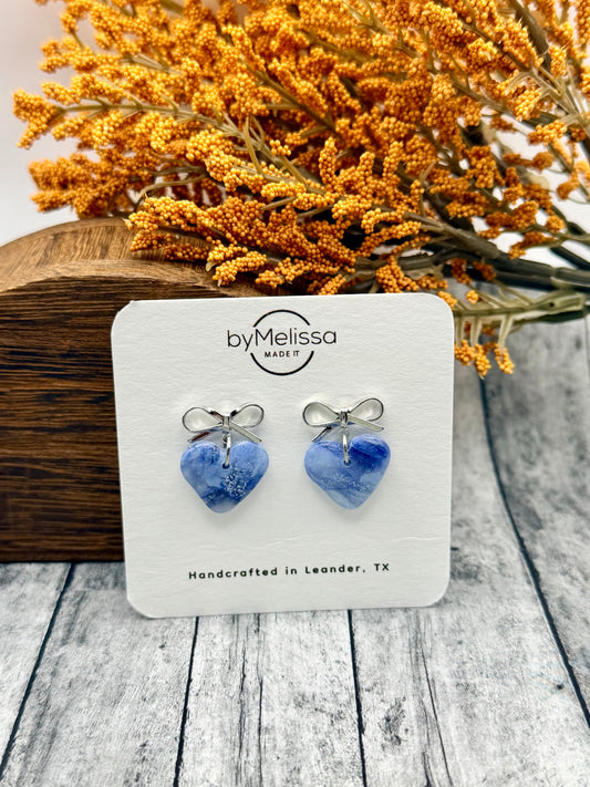 Navy and Columbia Blue Bowknot Heart Earrings in Silver
