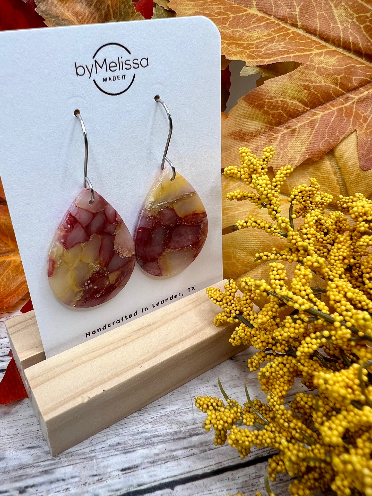 Maroon and Mustard Small Wide Teardrop Drop Earrings in Silver