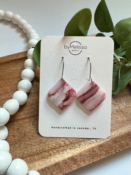 Maroon, Pink, and White Small Rounded Square Drop Earrings in Silver