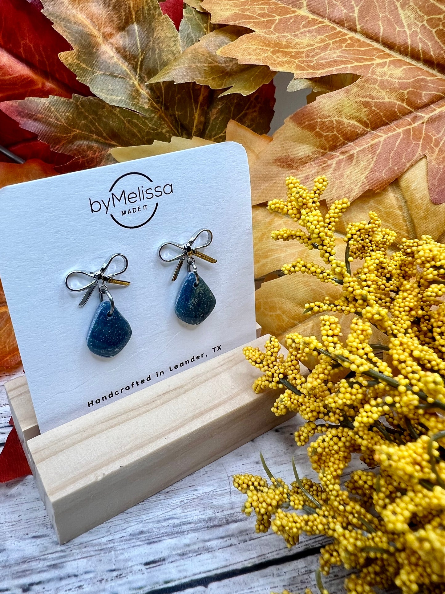 Navy and Mustard Mini Kite Bowknot Earrings in Silver