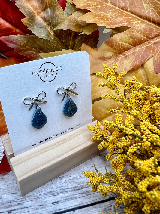 Navy and Mustard Mini Kite Bowknot Earrings in Silver